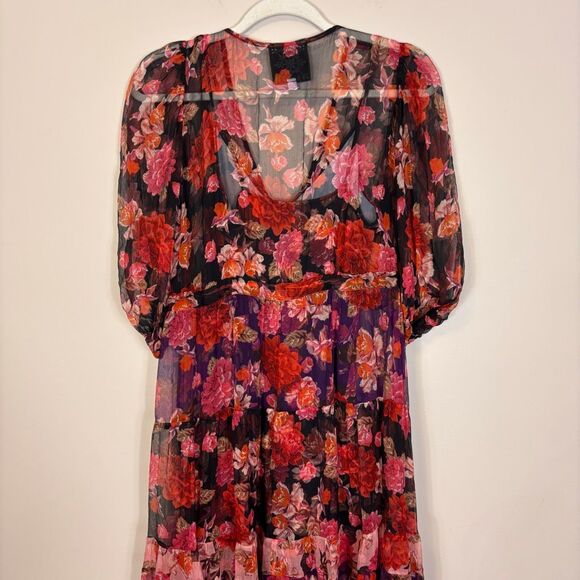 Johnny Was Jade Red & Pink Floral Short Sleeve Midi Silk Dress Small - Picture 6 of 9